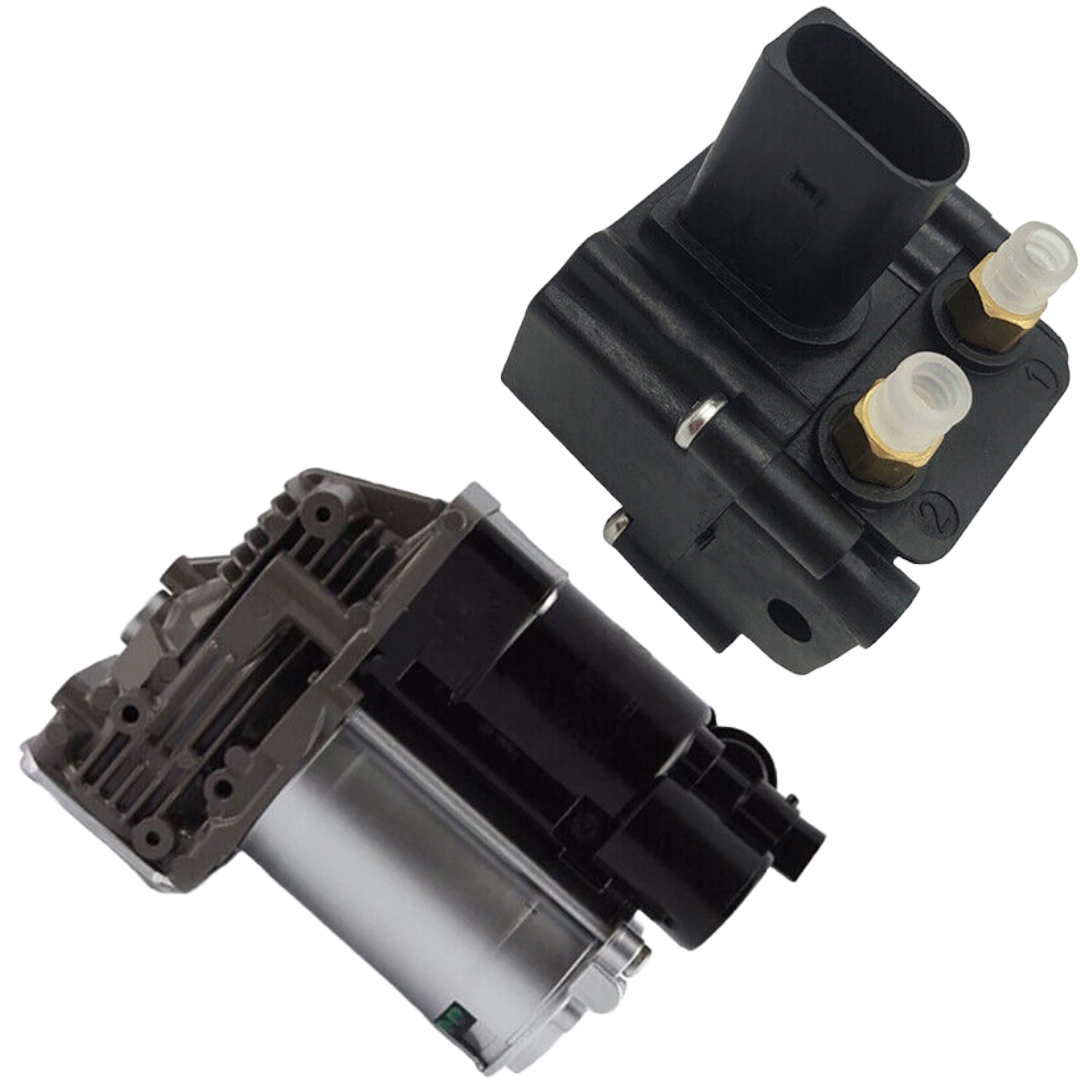 Close-up view of BMW air suspension compressor pump for X5 E70 / X6 E71-E72